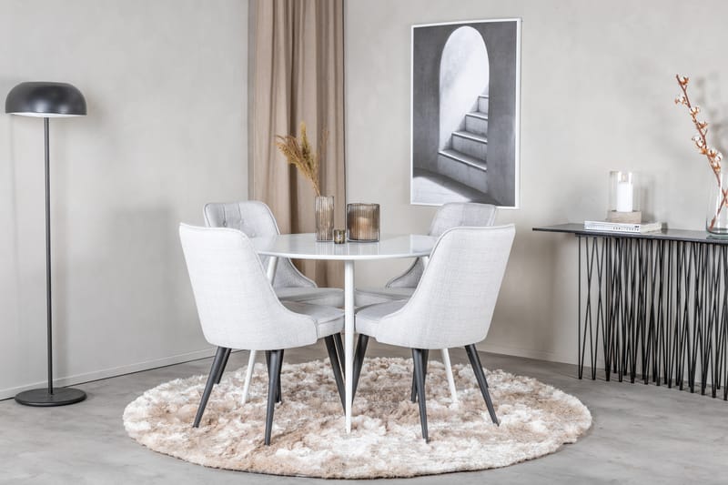 ATAUN Matbord 100 cm Runt Vit + 4 CARRERA Stolar Grå - Möbler - Matplats - Matgrupp & matbord med stolar