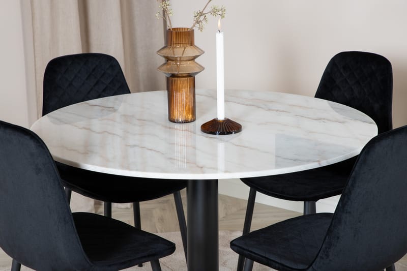 ATEN Matbord 106 cm Runt Marmor/Vit/Svart + 4 SOBRIDO Stolar - Möbler - Matplats - Matgrupp & matbord med stolar