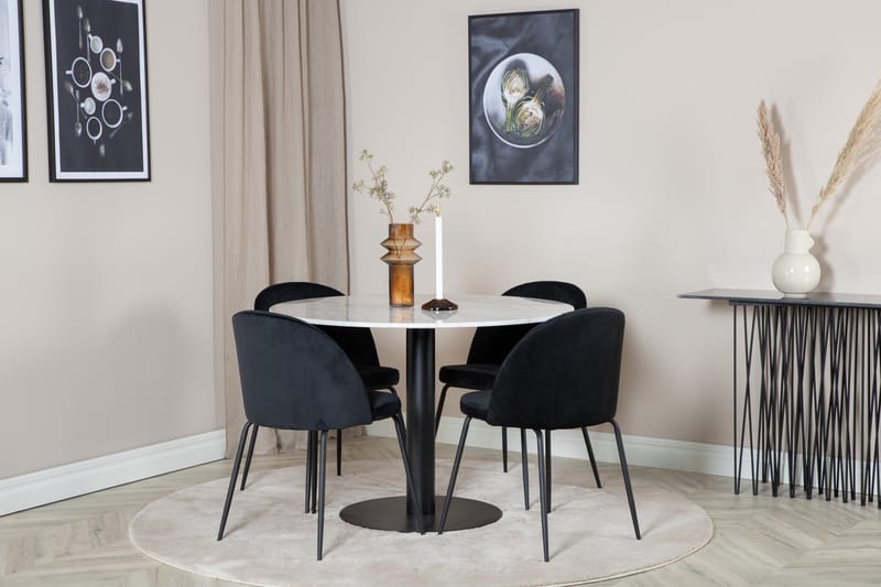 ATEN Matbord 106 cm Runt Marmor/Vit/Svart+4 CANDENOSA Stolar - Möbler - Matplats - Matgrupp & matbord med stolar