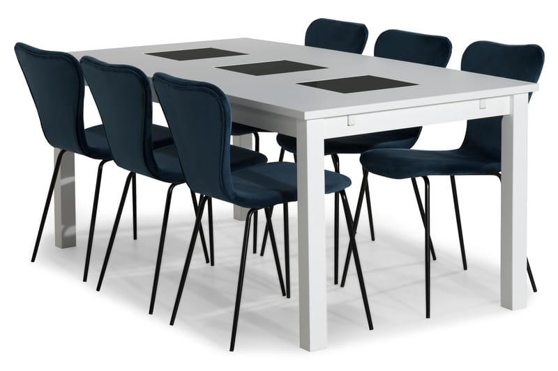 BARROW Bord 180 Vit + 6 MILVA Stol Sammet Blå - Matgrupp & matbord med stolar