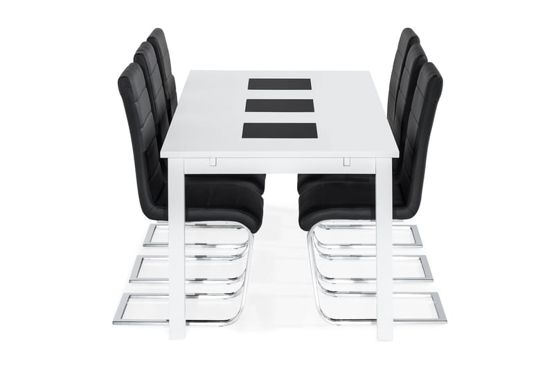 BARROW Förlängningsbart Bord 180 Vit + 6 CIBUS Stol Svart PU - Matgrupp & matbord med stolar