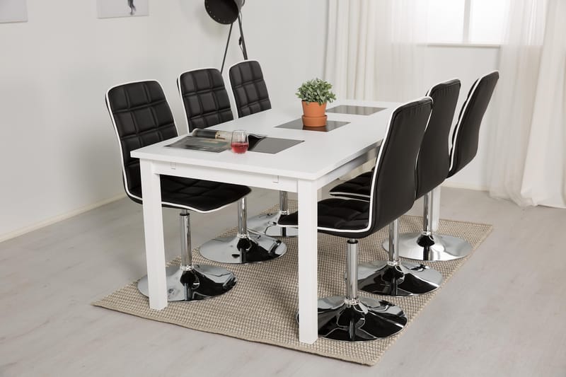 BARROW Förlängningsbart Bord 180 Vit + 6 FRIDA Stol Svart PU - Möbler - Matplats - Matgrupp & matbord med stolar