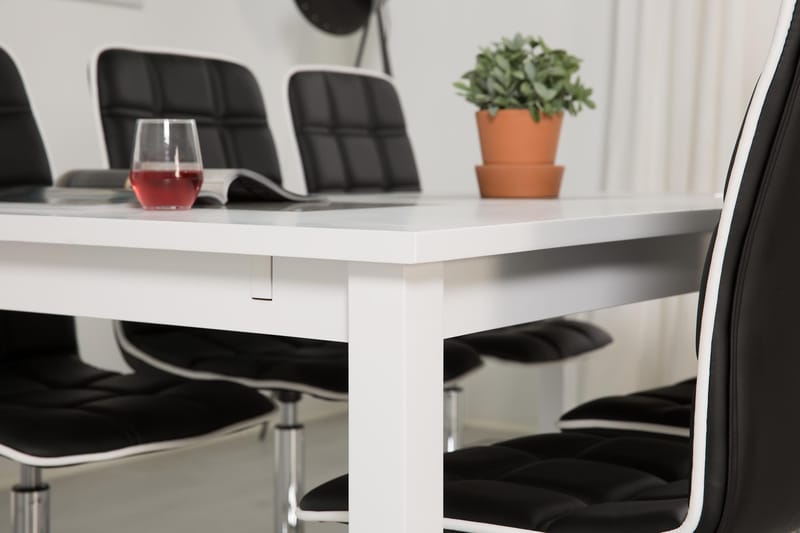 BARROW Förlängningsbart Bord 180 Vit + 6 FRIDA Stol Svart PU - Möbler - Matplats - Matgrupp & matbord med stolar