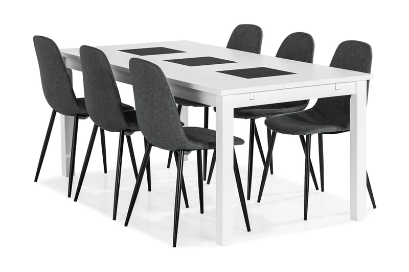 BARROW Förlängningsbart Bord 180 Vit + 6 NIKOLAS Stol Grå/Sv - Matgrupp & matbord med stolar