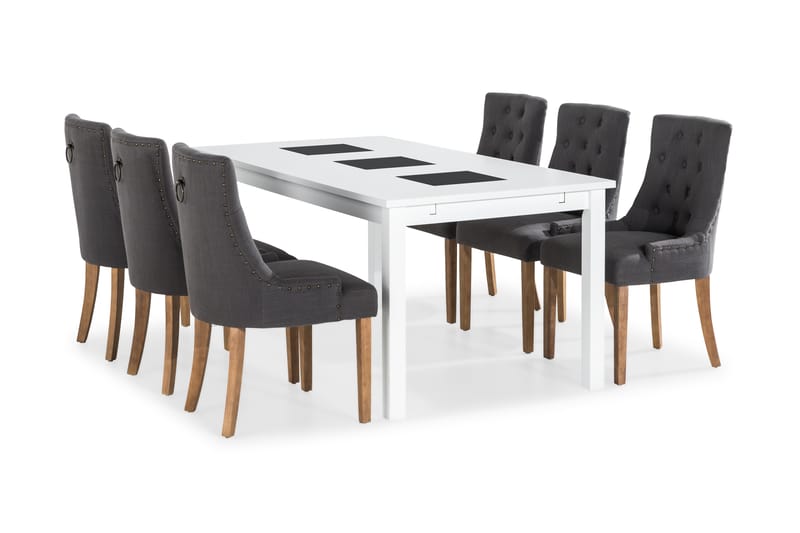 BARROW Matbord 180 Vit + 6 COLFAX Fåtölj Grå/Natur - Matgrupp & matbord med stolar