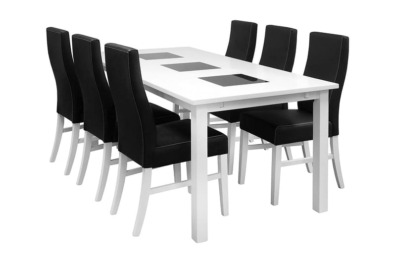 BARROW Matbord 180 Vit + 6 MATTIA Stol PU Svart - Matgrupp & matbord med stolar
