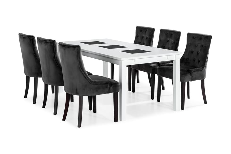 BARROW Matbord 180 Vit + 6 VIKTORIA Stol Grå Sammet - Matgrupp & matbord med stolar
