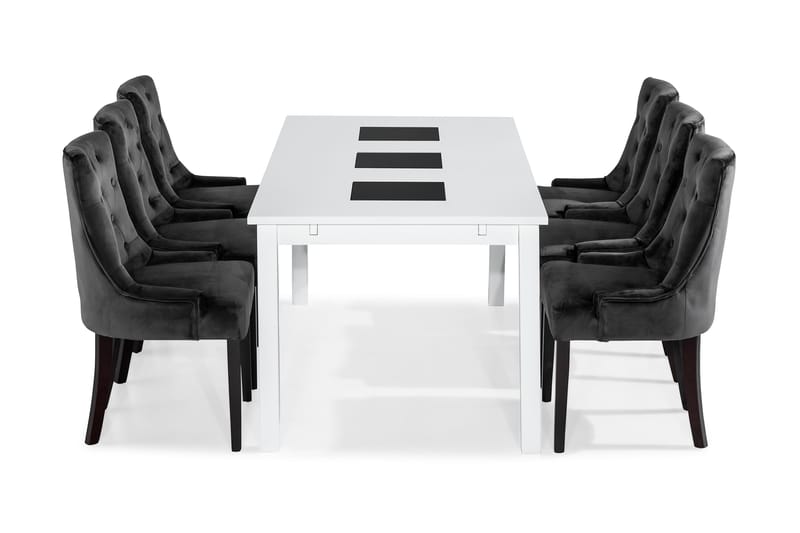 BARROW Matbord 180 Vit + 6 VIKTORIA Stol Grå Sammet - Matgrupp & matbord med stolar