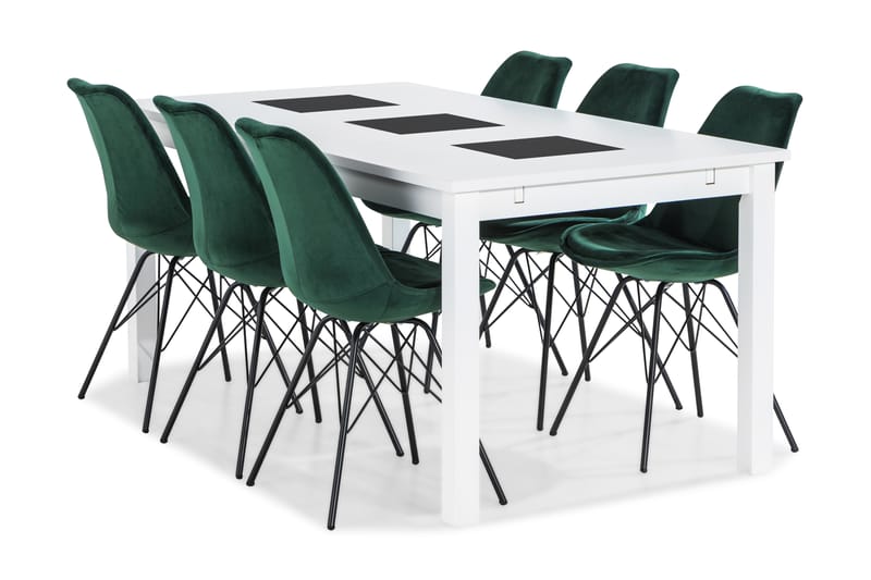 BARROW Matbord 180 Vit + 6 ZENIT Stol Sammet Grön - Matgrupp & matbord med stolar