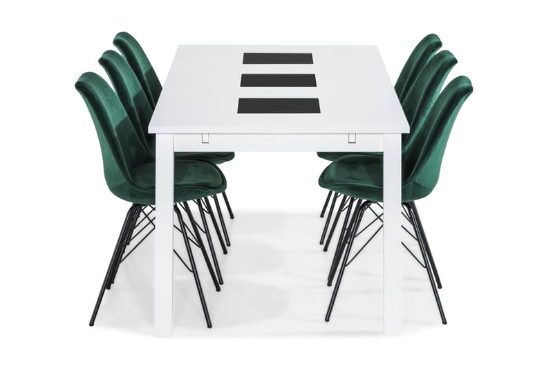 BARROW Matbord 180 Vit + 6 ZENIT Stol Sammet Grön - Matgrupp & matbord med stolar