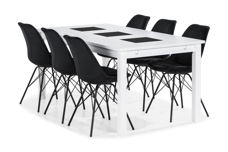 BARROW Matbord 180 Vit + 6 ZENIT Stol Sammet Svart - Matgrupp & matbord med stolar