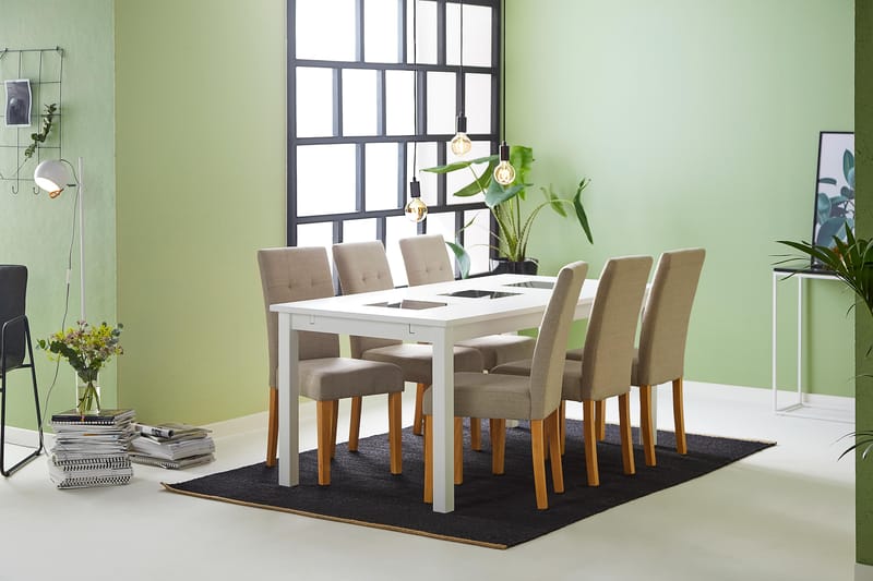 BARROW Matbord + 6 STILO Stol Vit/Beige/Ek - Möbler - Matplats - Matgrupp & matbord med stolar