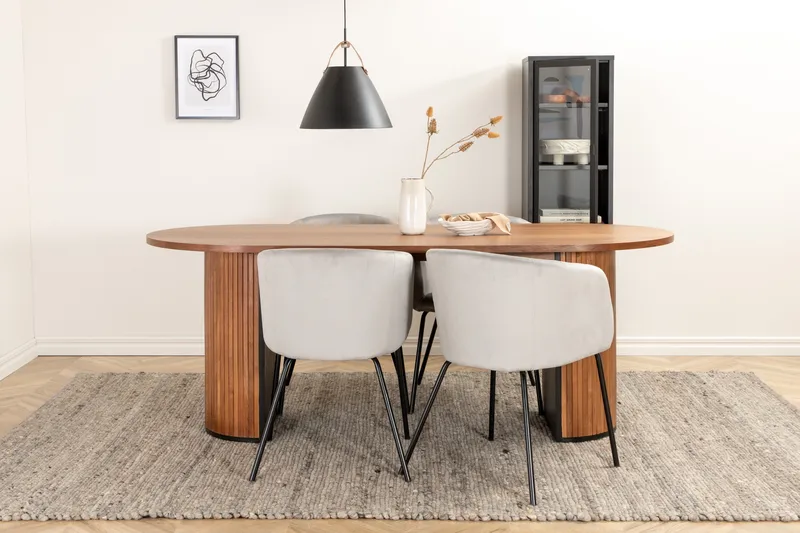 Biana Matgrupp 200 cm Oval inkl 4 Berita Sammetsstolar - Valnötsbrun/Svart/Grå - Möbler - Matplats - Matgrupp & matbord med stolar
