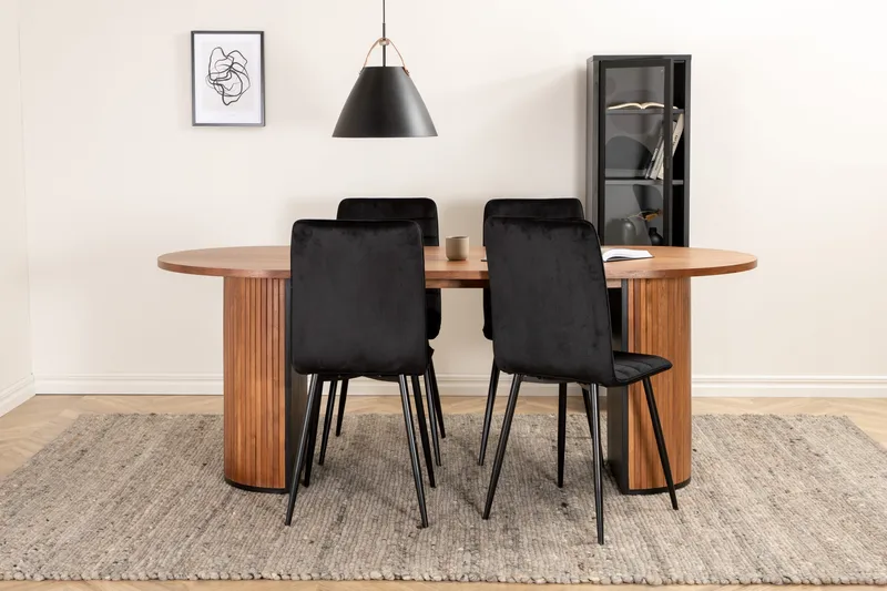 Biana Matgrupp 200 cm Oval inkl 4 Robin Sammetsstolar - Valnötsbrun/Svart - Möbler - Matplats - Matgrupp & matbord med stolar