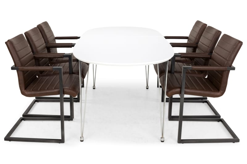 CADI Bord Vit + 6 HENRY Stolar Vintage/Mörkbrun - Matgrupp & matbord med stolar