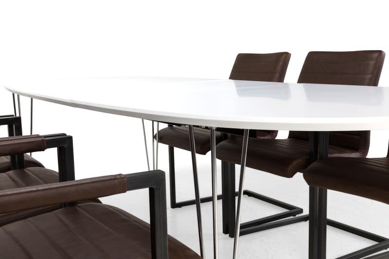 CADI Bord Vit + 6 HENRY Stolar Vintage/Mörkbrun - Matgrupp & matbord med stolar