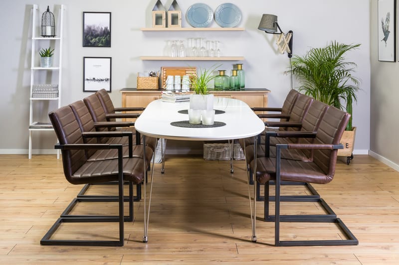 CADI Bord Vit + 8 HENRY Stolar Vintage/Mörkbrun - Matgrupp & matbord med stolar