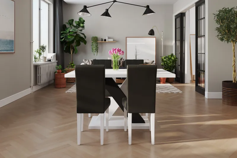 Cesi Matgrupp 140 cm med 4 Viktor Stol - Vit/Svart/Svart PU - Möbler - Matplats - Matgrupp & matbord med stolar