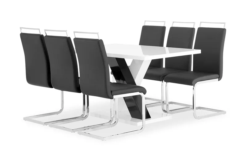 Cesi Matgrupp Rektangulärt matbord 140 cm + 6 Isoda Läder Marstolar, Vit / Svart / Krome