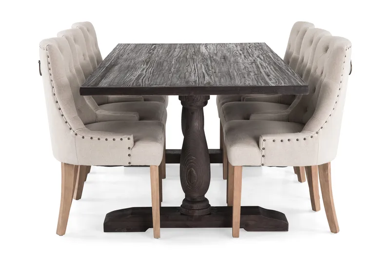 Dijon Matgrupp 200 cm med 6 Viktoria Fåtölj - Vintage Trä / Beige Trä - Möbler - Matplats - Matgrupp & matbord med stolar