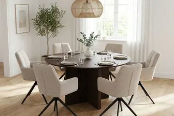 Edda Matgrupp runt 130 cm Rökt Ek med 6 Torsby Matstolar - Rökt ek - Möbler - Matplats - Matgrupp & matbord med stolar