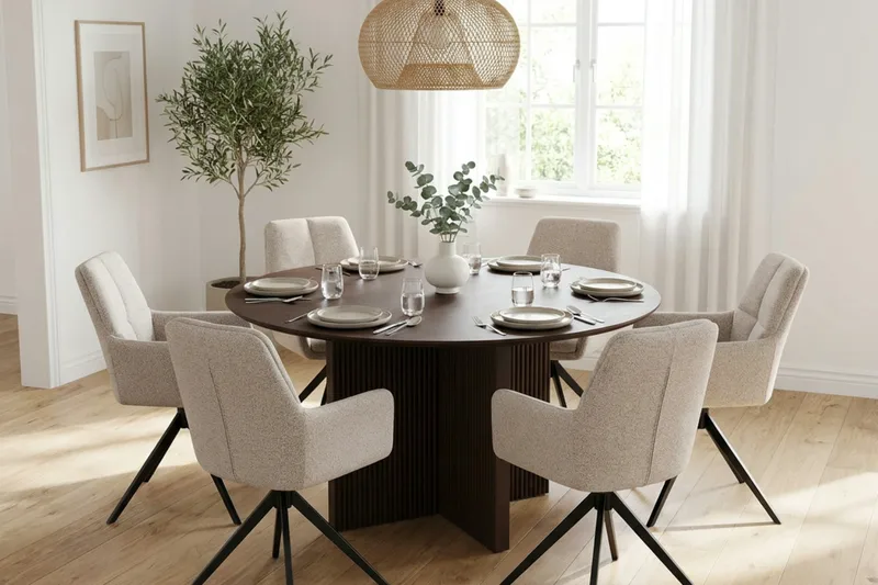 Edda Matgrupp runt 130 cm Rökt Ek med 6 Torsby Matstolar - Rökt ek - Möbler - Matplats - Matgrupp & matbord med stolar