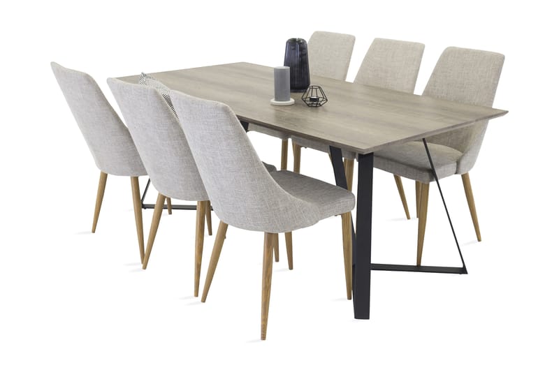 EDMUND Matbord Grå/Svart + 6 LISITA Stol Ljusgrå/Ek - Matgrupp & matbord med stolar
