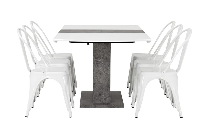 ELLA Förlängningsbart Bord 140 Vit/Grå + 6 CANNES Stol Vit - Matgrupp & matbord med stolar