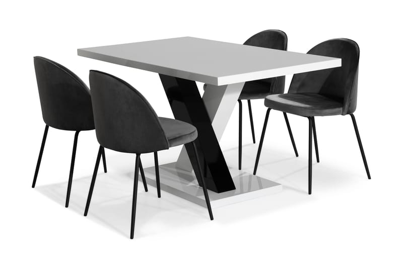 ESSUNGA Matbord Vit/Svart + 4 SANDRO Stol Sammet Svart/Krom - Matgrupp & matbord med stolar
