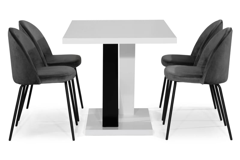 ESSUNGA Matbord Vit/Svart + 4 SANDRO Stol Sammet Svart/Krom - Matgrupp & matbord med stolar