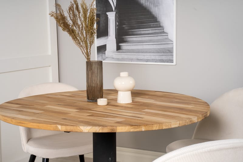 Ezra Matgrupp 100 cm Rund inkl 4 Valera Manchesterstolar - Teak/Svart/Beige - Möbler - Matplats - Matgrupp & matbord med stolar