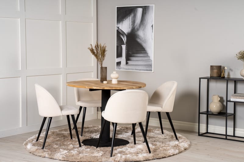 Ezra Matgrupp 100 cm Rund inkl 4 Valera Manchesterstolar - Teak/Svart/Beige - Möbler - Matplats - Matgrupp & matbord med stolar