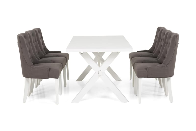 FRESNO Bord 180 Vit + 6 COLFAX Fåtölj Grå/Vit - Matgrupp & matbord med stolar