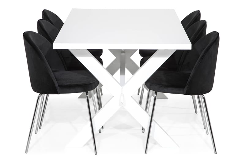 FRESNO Bord 180 Vit + 6 SANDRO Stol Svart/Kromade Ben - Matgrupp & matbord med stolar