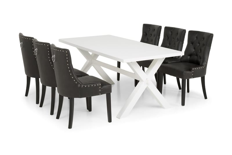 FRESNO Matbord 180 Vit + 6 CARMINE Fåtölj Svart PU - Matgrupp & matbord med stolar