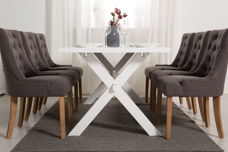 FRESNO Matbord 180 Vit + 6 COLFAX Fåtölj Grå/Natur - Matgrupp & matbord med stolar