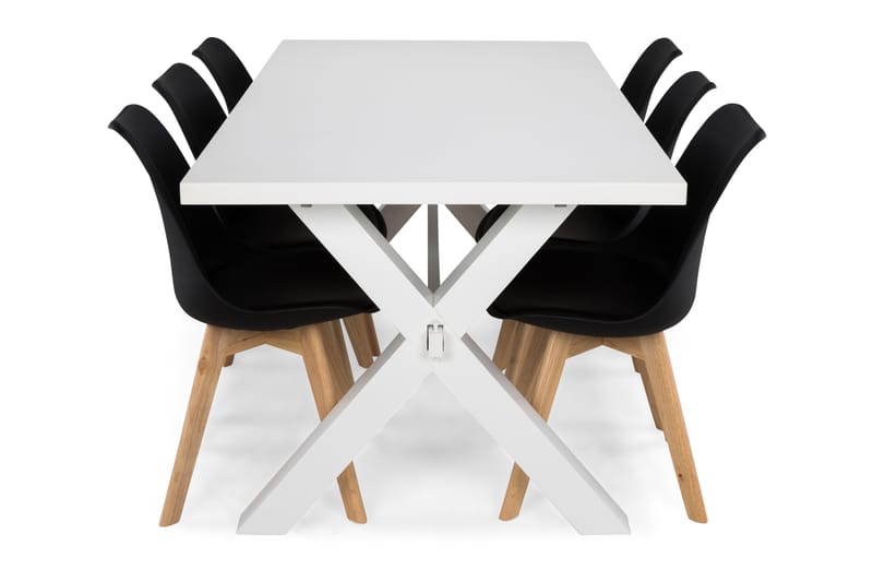 FRESNO Matbord 180 Vit + 6 SANNA Stol Svart/Ek - Matgrupp & matbord med stolar