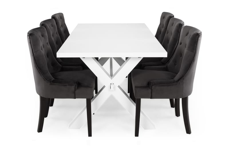 FRESNO Matbord + 6 COLFAX Stol Vit/Grå Sammet - Matgrupp & matbord med stolar
