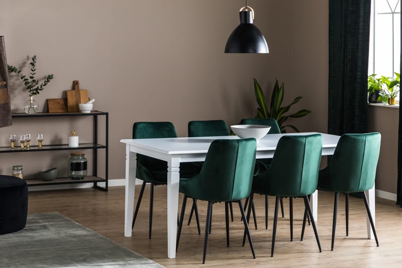 HAILEY Förlängningsbart Matbord 180 Vit + 6 VIKEN Stol Grön - Matgrupp & matbord med stolar