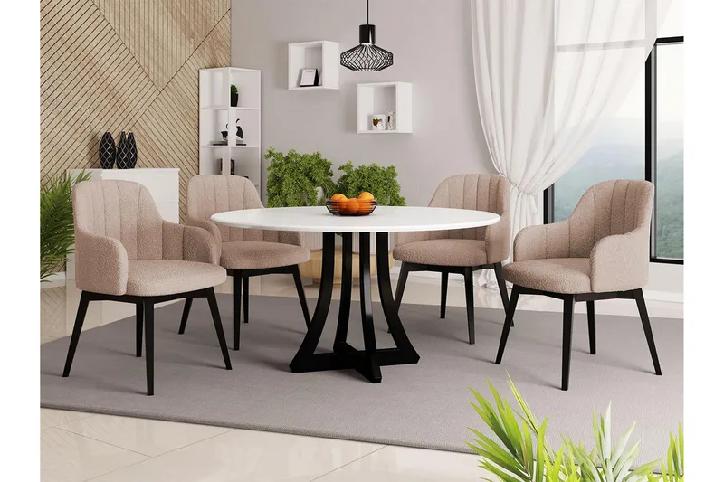 Hollan Matgrupp Rund Beige|Vit|Svart - Möbler - Matplats - Matgrupp & matbord med stolar