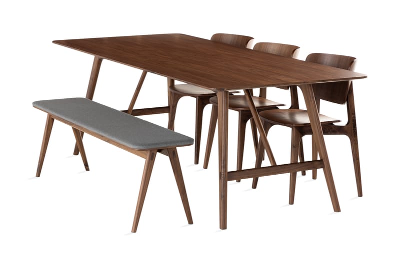HULSIG Matbord 220 cm inkl 4 Stolar + Bänk Valnöt/Brun/Grå - Matgrupp & matbord med stolar
