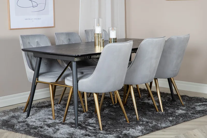 Irunea Förlängningsbar Matgrupp 180cm inkl 6 Valera Lyx Stol - Svart/Grå/Mässing - Möbler - Matplats - Matgrupp & matbord med stolar