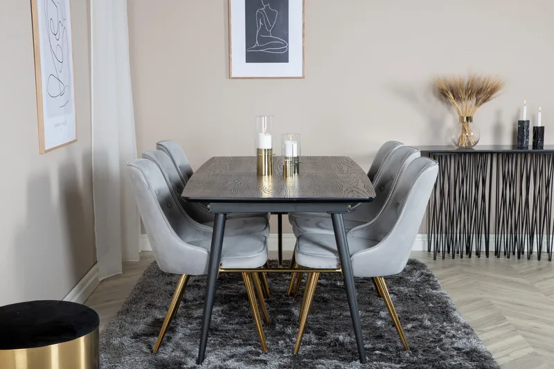 Irunea Förlängningsbar Matgrupp 180cm inkl 6 Valera Lyx Stol - Svart/Grå/Mässing - Möbler - Matplats - Matgrupp & matbord med stolar