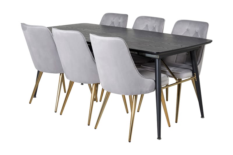 Irunea Förlängningsbar Matgrupp 180cm inkl 6 Valera Lyx Stol, Svart/Grå/Mässing