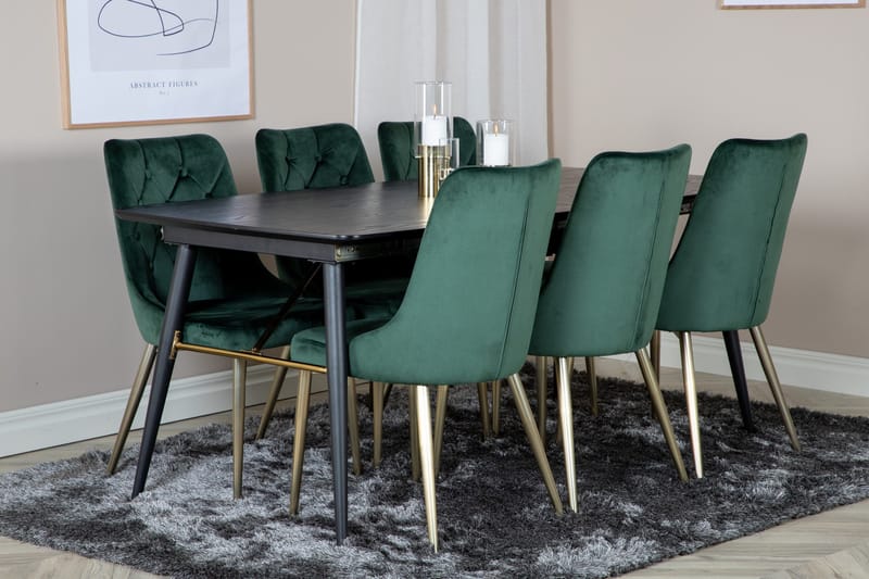 Irunea Förlängningsbar Matgrupp 180cm inkl 6 Valerie Lyx Sto - Svart/Mörkgrön/Guld - Möbler - Matplats - Matgrupp & matbord med stolar
