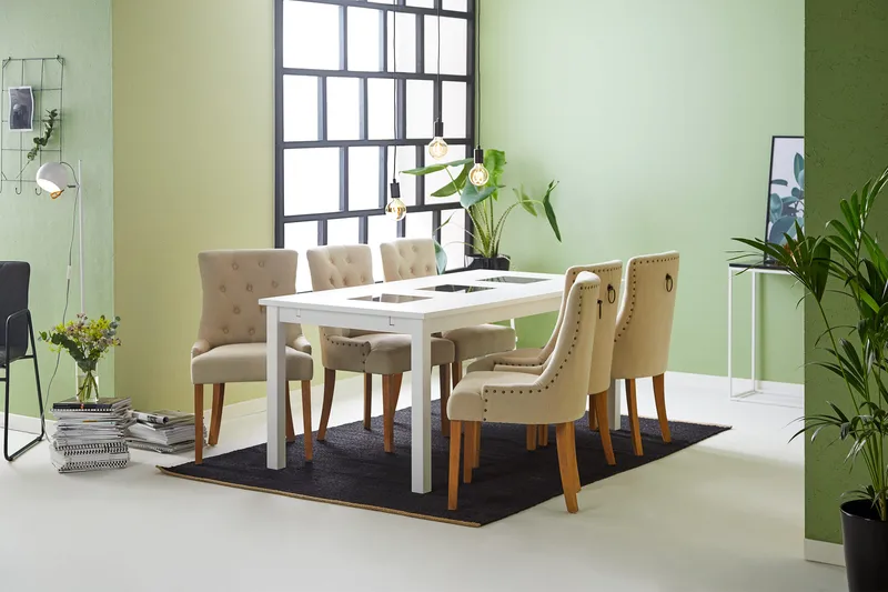 Jasmin Matgrupp Vit med 6 st Viktoria Fåtöljer - Beige/Vintageben - Möbler - Matplats - Matgrupp & matbord med stolar