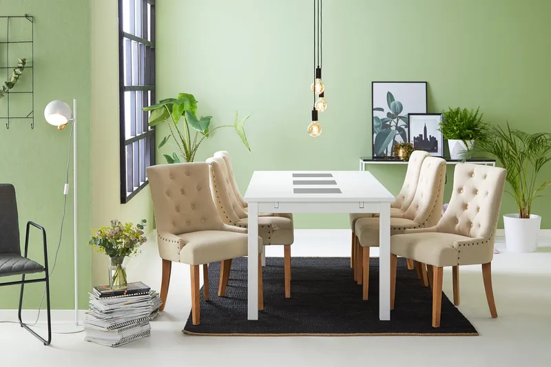 Jasmin Matgrupp Vit med 6 st Viktoria Fåtöljer - Beige/Vintageben - Möbler - Matplats - Matgrupp & matbord med stolar