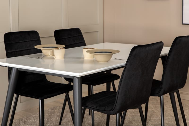 Jimms Förlängningsbar Matgrupp 150 cm inkl 4 Robin Stolar - Vit/Svart/Sammet - Möbler - Matplats - Matgrupp & matbord med stolar