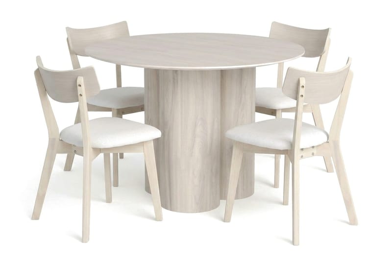 Juno Matgrupp 110 cm runt Vitlaserad med 4 Amelia Matstolar med Dyna - Vitlaserad/Beige - Möbler - Matplats - Matgrupp & matbord med stolar
