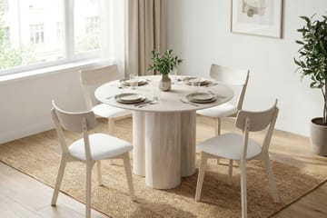 Juno Matgrupp 110 cm runt Vitlaserad med 4 Amelia Matstolar med Dyna - Vitlaserad/Beige - Möbler - Matplats - Matgrupp & matbord med stolar